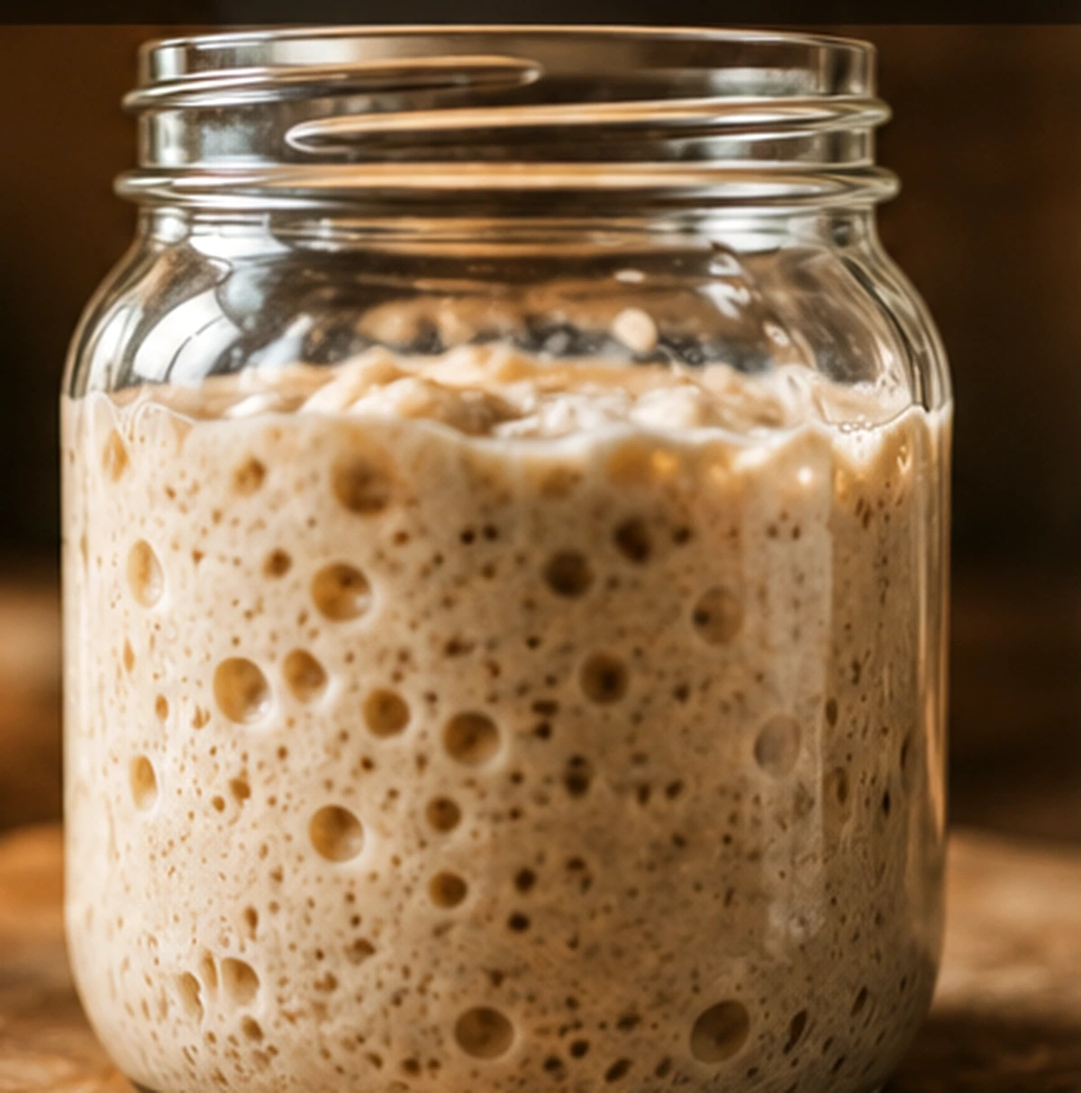 Active sourdough starter bubbling in a glass mason jar